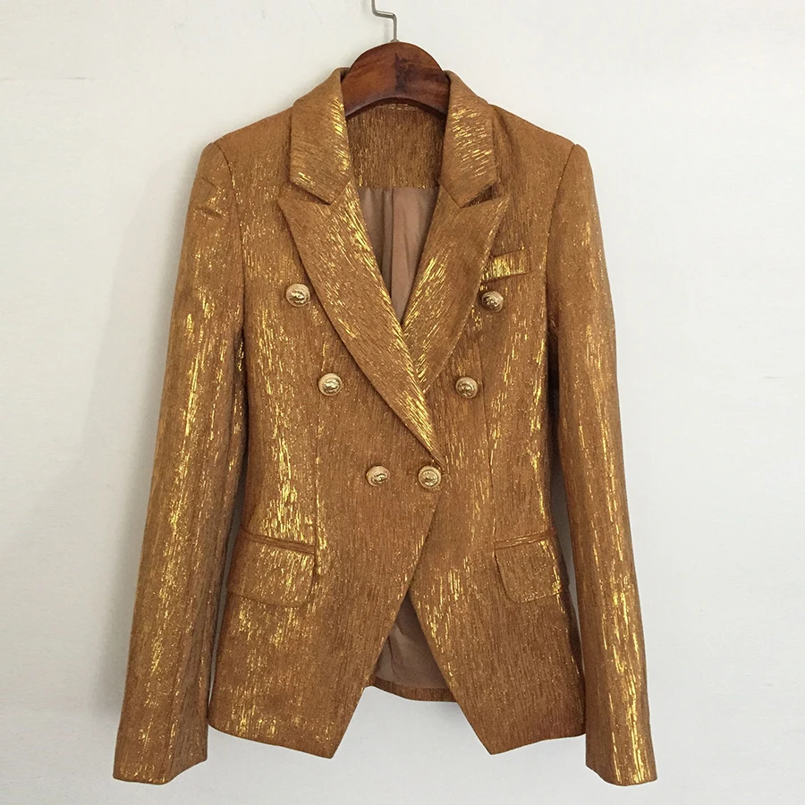 

FAKUNTN Designer Jacket New Fashion 2021 Women's Lion Metal Buttons Double Breasted Slim Fitting Shimmer Gold Blazer