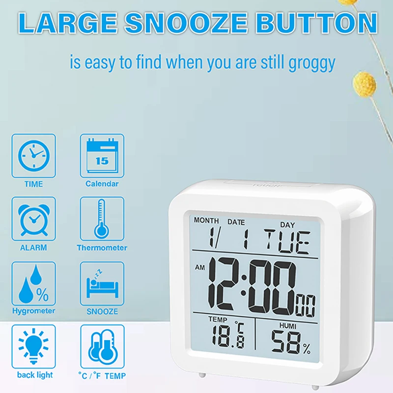 

Digital Alarm Clock LED Table Clock Bedroom Snooze Calendar Thermometer Hygrometer Humidity Meter Weather Forecast Desk Clock