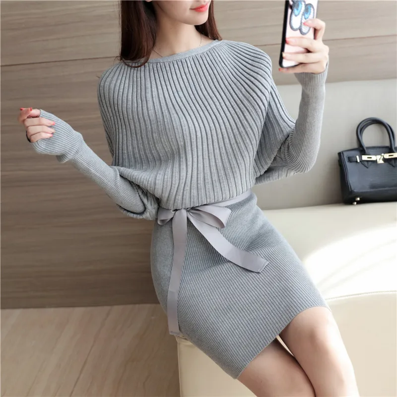 

New Women Sweater Dress Slim Batwing Sleeve Bodycon Dresses Elastic Dress Brief Black Knitted Dress vestidos with belt 972