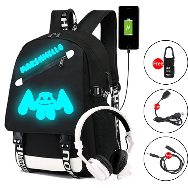 CG5291 New DJ Marshmellow luminous backpack multifunction USB charging Anti theft for teenagers boys Girls Student School Bag - Color: CG5291