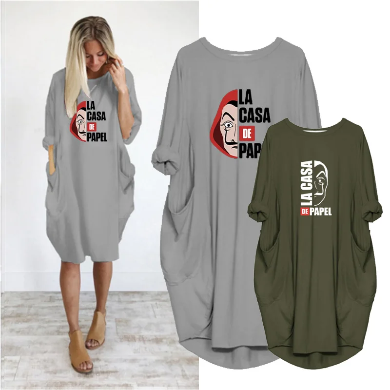 

Money Heist Women Loose Dresses La Casa De Papel Harajuku Letter Print Long Sleeve O Neck Vestidos Robe Streetwear