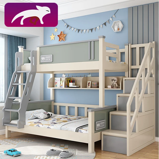 

HRZ solid wood children bed up and down white with storage compartment with stairs on side