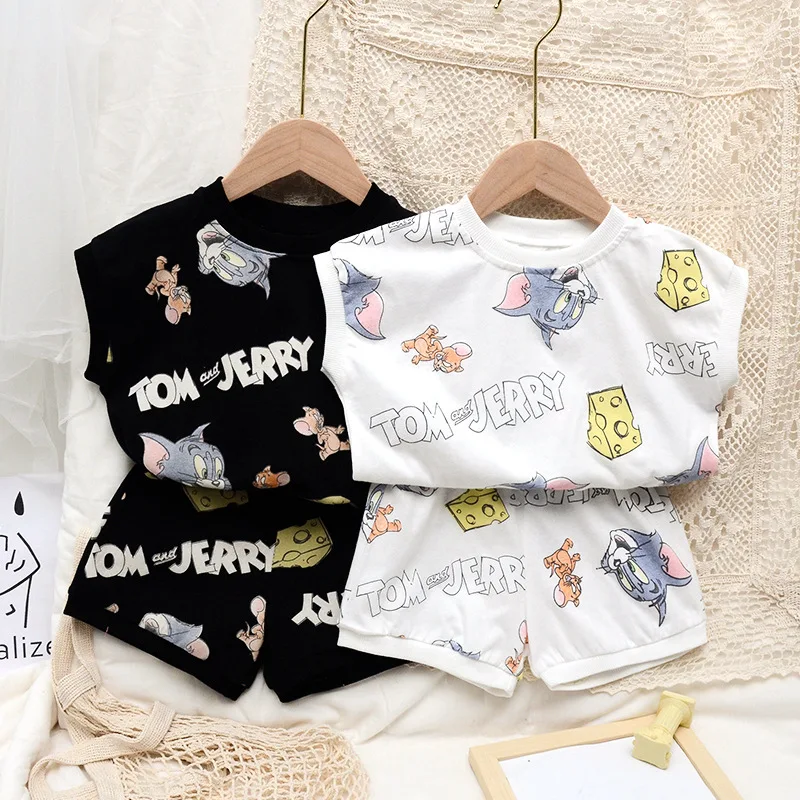 

2021 summer children's suit short-sleeved new boy cartoon print T-shirt girl sets round neck cute and handsome toddler clothing