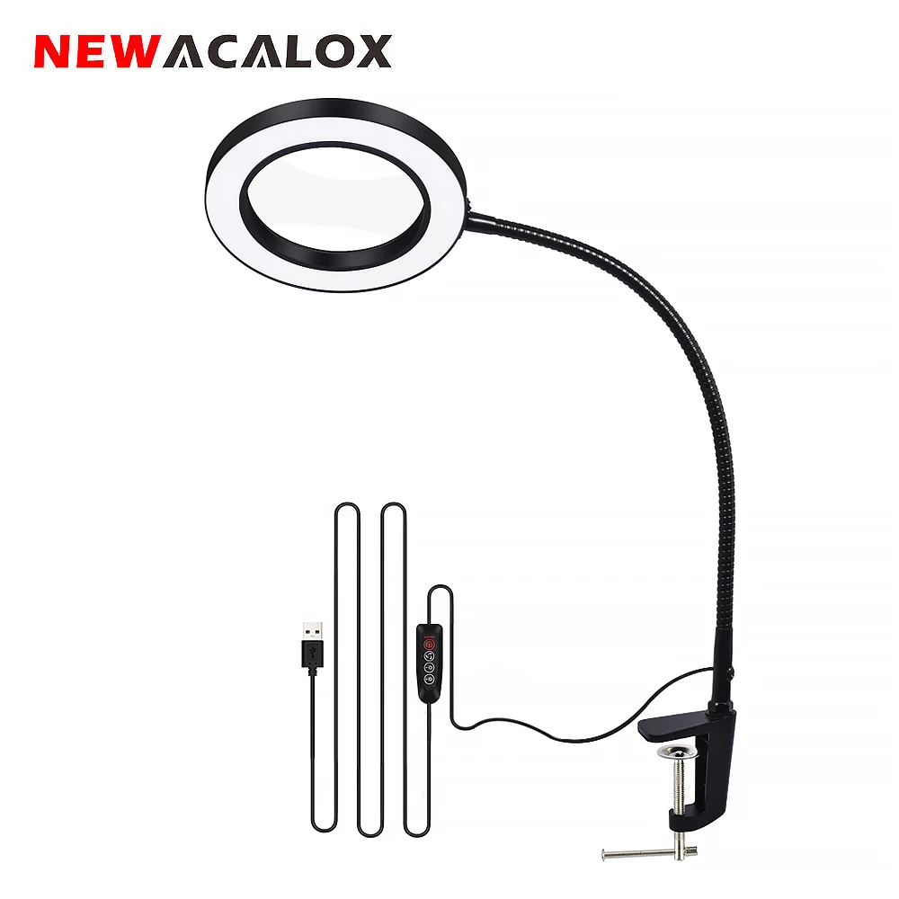 NEWACALOX USB 3X/5X Увеличительное Стекло Настольная Зажимная лупа со светильник кой Гибкая Настольная лампа для чтения работы сварочных работ - изображение