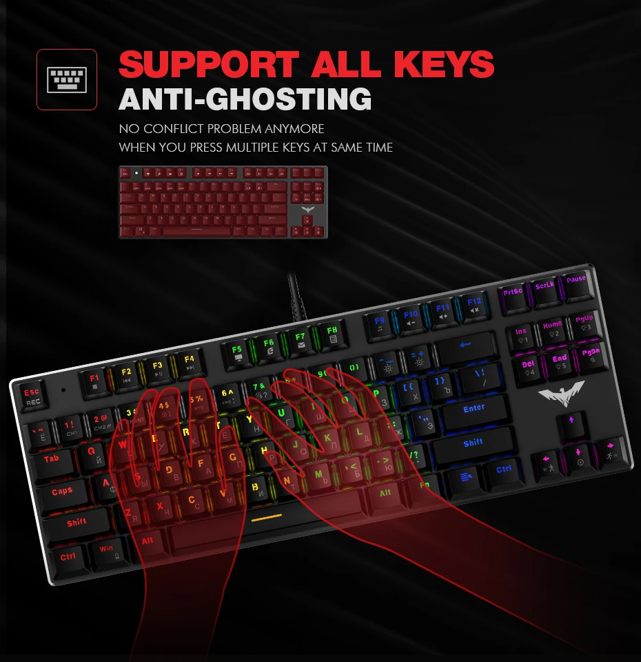 

Havit Mechanical Keyboard Red Switch 87 Keys in Russian Sticker Version for PC Gamer Gaming Laptop Tablet Rainbow Wired USB