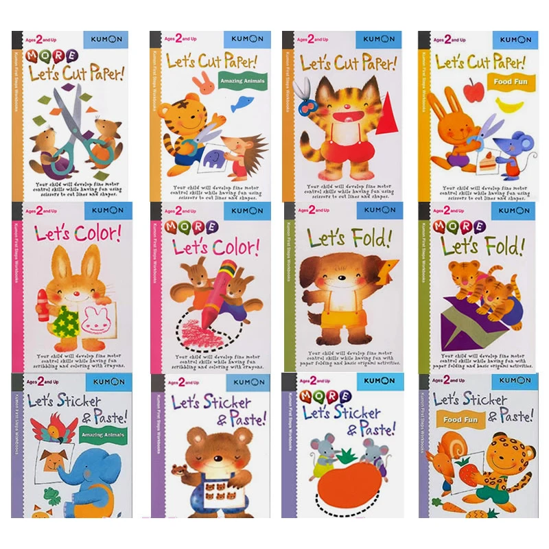 12 pcs/set Kumon Let's Cut Paper first step workbooks picture books for kids children Origami paper cut sticker handmade books