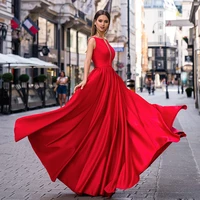 uzn elegant evening dress a line v neck sleeveless tank straps pleated satin prom gown lace up party dress with pockets