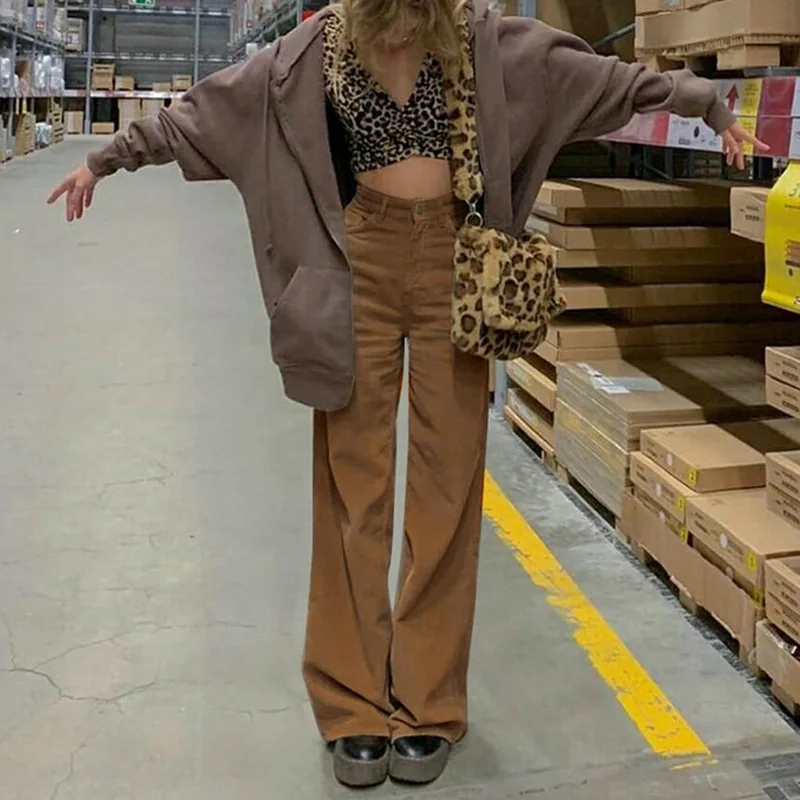 

Винтажные вельветовые брюки Harajuku, коричневые, с широкими штанинами, 5 цветов, для бега, с высокой талией, женские мешковатые штаны