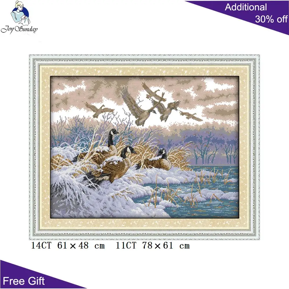 

Joy Sunday Duck Embroidery DIY D849 14CT 11CT Counted and Stamped Home Decoration The Flying Birds In Snow Day Cross Stitch Kits