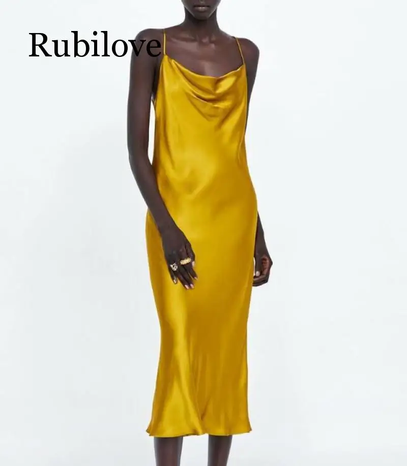 Женское вечернее платье Rubilove длинное атласное желтого цвета на бретельках с
