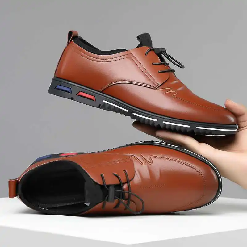

2021 Spring Autumn New Concise Style Leather Casual Shoes for Man Soft Comfortable Lace-up Shoes with Platform for Daily
