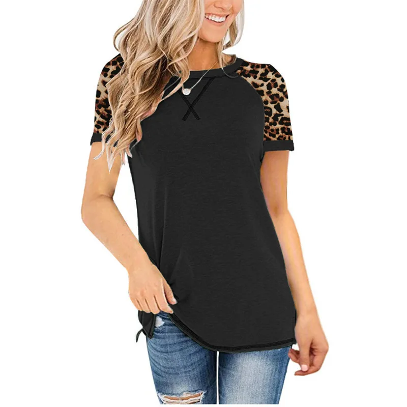 

New leopard pattern splicing round neck short sleeve T-shirt women's top in spring and summer of 2021