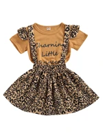 girls two piece suit letter print flying sleeve tops and leopard print suspender skirt for birthday party vacation