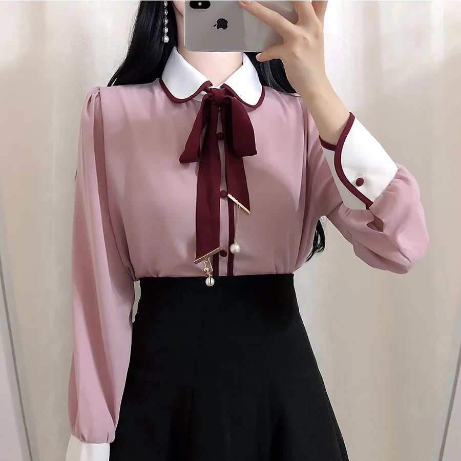 

2020 Brand New Women Cute Shirt Peter Pan Collar Bowtie Pearl Womens Tops and Blouses High Quality Long Sleeve Blusas Mujer