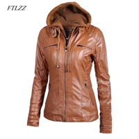 ftlzz new women faux leather jacket pu motorcycle hooded hat detachable casual leather plus size 5xl punk outerwear