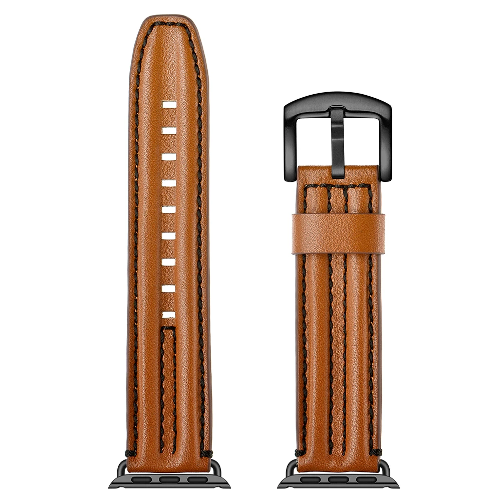 Genuine Leather strap for Apple Watch Band 44mm 40mm 42mm 38mm Double keel watchband belt bracelet iWatch serie 5 4 3 se 6 7