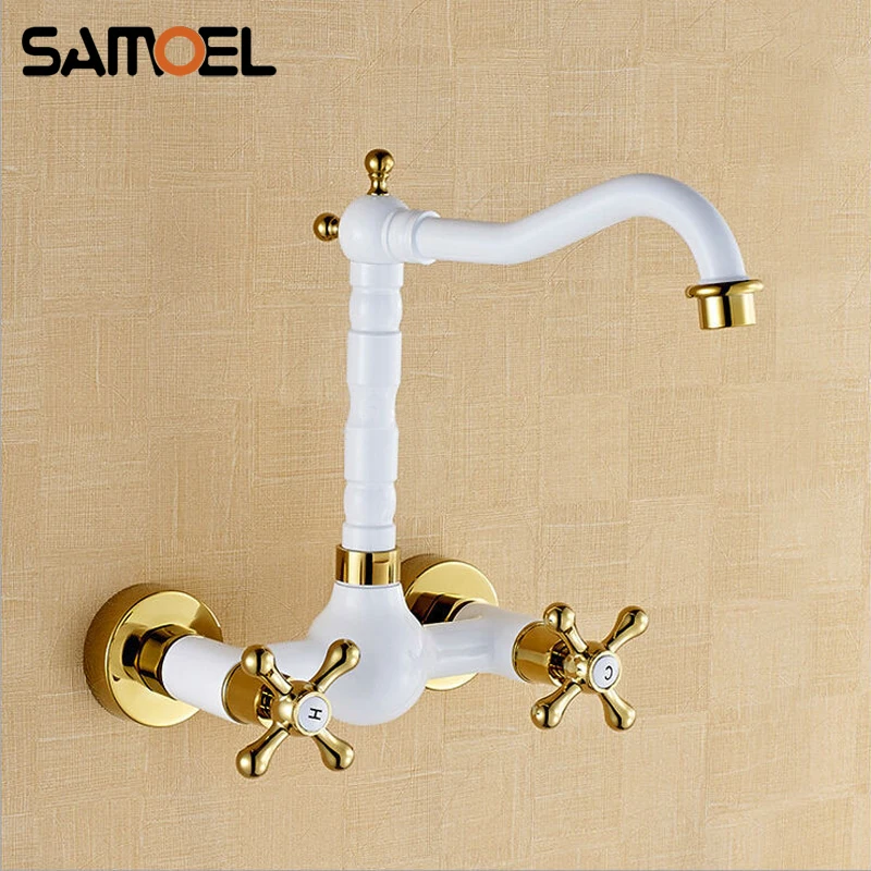 

Смеситель для ванной комнаты из латуни белого золота в европейском стиле, настенный смеситель для раковины с двумя ручками и двумя отверстиями, Смеситель для холодной и горячей воды W3013