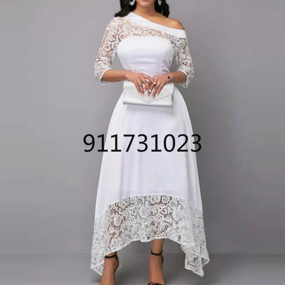Summer Women Dress Elegant Sexy Diagonal Collar Lace Evening Party White Hook Flower Hollow Pockets Irregular Long | Женская одежда