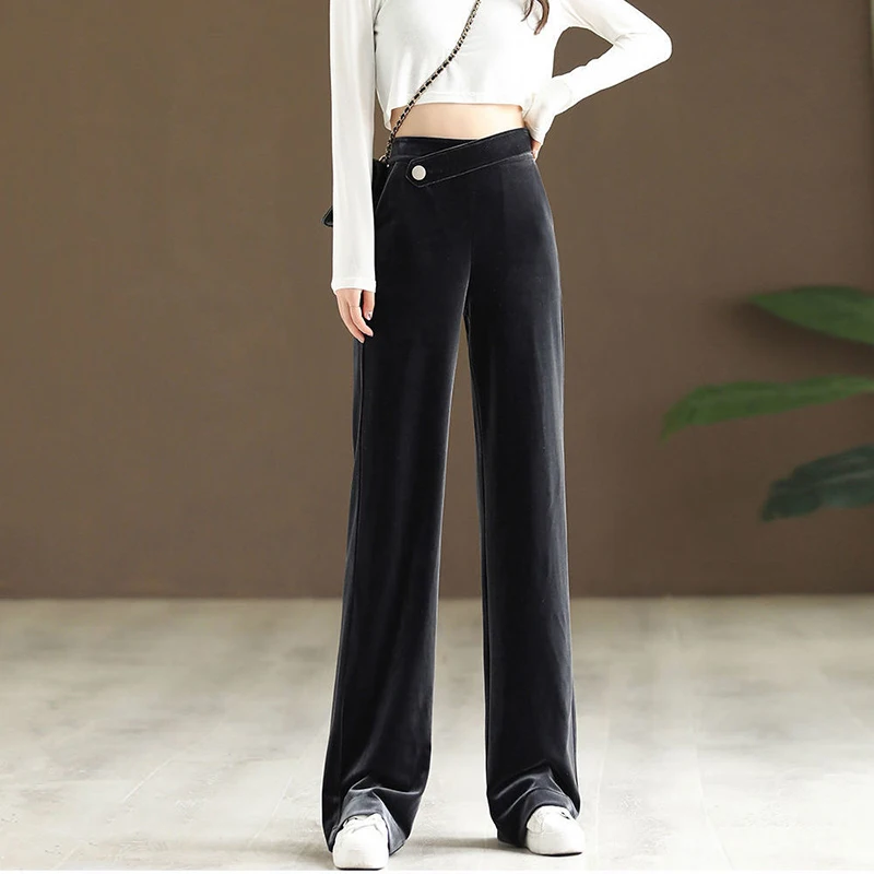 

Loose Pleuche Wide Leg Pants Women Casual Chic High Waist Straight Leg Pants Korean Style Office Solid New Mopping Trousers