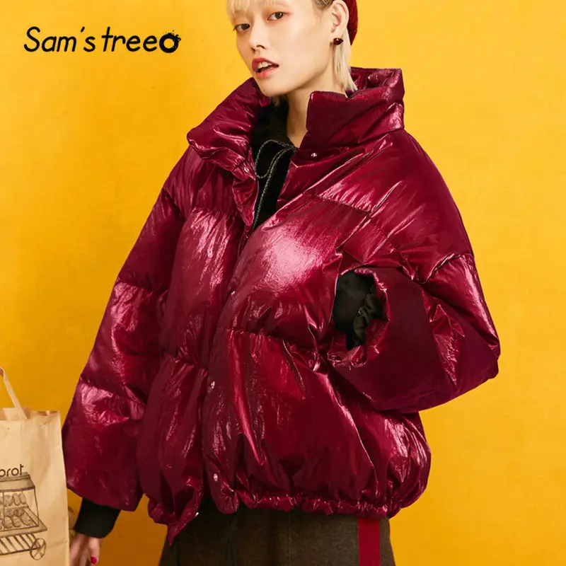 SAM'S TREE красный однотонный сатиновый теплый пуховик для женщин зима серебряный шнурок Свободный Повседневная Офисная Женская одежда оверсайз