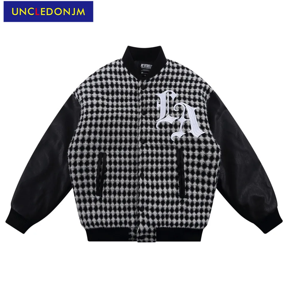 

UNCLEDONJM Embroidery letter plaid quilted jacket coat men high street PU leather sleeve patchwork baseball jacktes dropshipping
