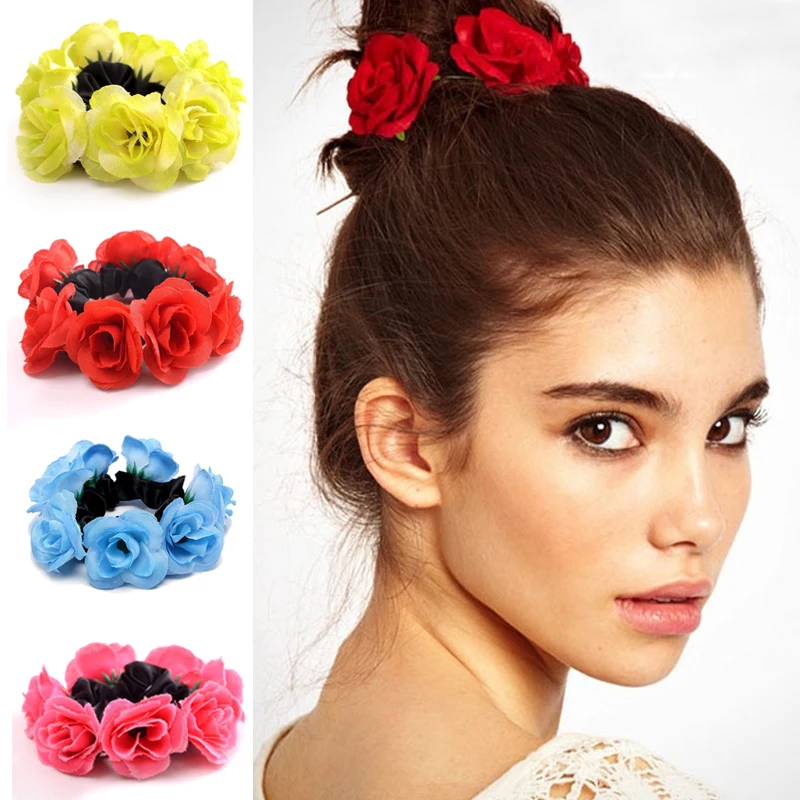 Резинка для волос женская тканевая эластичная заколка с цветами розы круглым