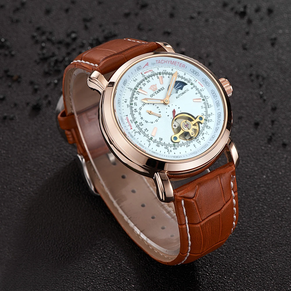 OUYAWEI, новинка, механические наручные часы, розовое золото, чехол Tourbillon, Moonphase, автоматическая обмотка, мужские часы, деловые часы, Montre Homme