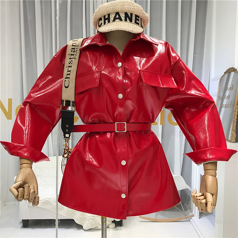 Женская куртка из искусственной кожи осень 2019 Новинка Яркое пальто средней длины