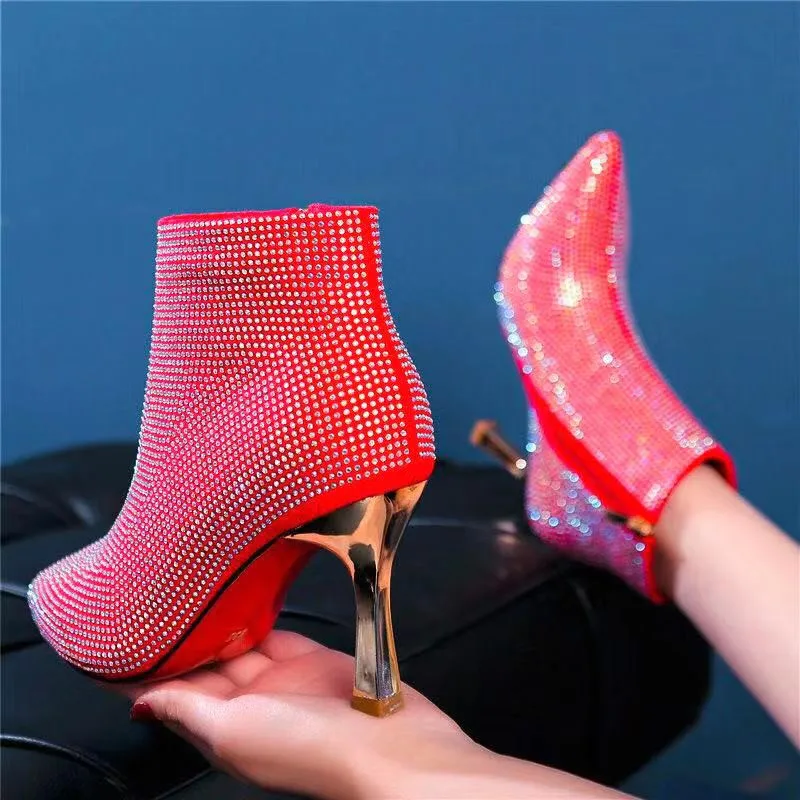 Осенние ботинки со стразами ботильоны свадебные на тонком высоком каблуке