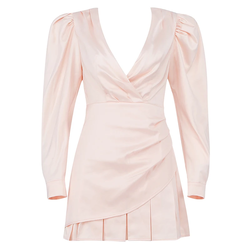 

VC Women's Dress Cocktail Party Important Occasions Apricot V-neck Pleated Long-sleeved Satin Jumpsuit Skirt