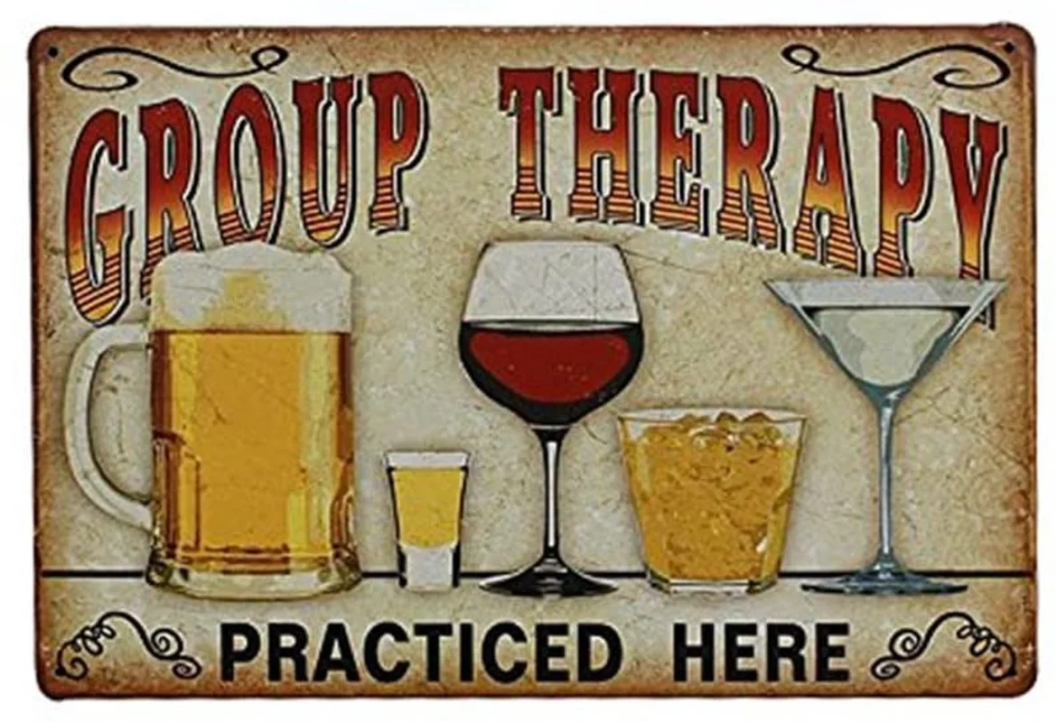 

Plaque Poster for Cafe Bar Pub Beer Wall Decor Art Tin Sign Group Therapy Practiced Here Vintage Metal Tin