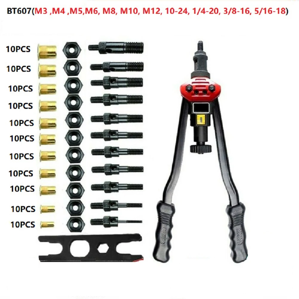 

BT-605 Riveter Gun Manual Insert Rivet Nut Tool M3 M4 M5 M6 M8 M10 M12 Hand Blind Riveter 110Pcs Nuts 11Pcs Mandrels