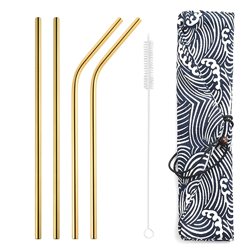 4pcs Gold 4/8 шт. Многоразовые Высокое качество питьевой соломы 304 Нержавеющая сталь металлическая соломинка с чистящая щетка и Сумка Бар вечерние аксессуар - Цвет: 4pcs Gold