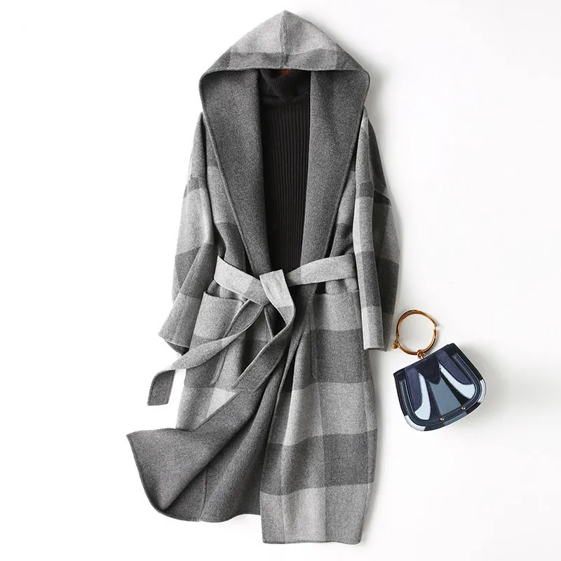 Женское шерстяное пальто с капюшоном Длинная зимняя куртка в английском стиле