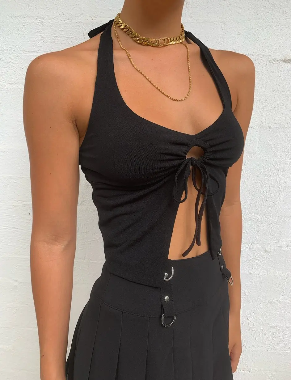

2021 New Women Summer Sleeveless Halter Crop Tops Fashion Hollow Lace-up Tank Tops