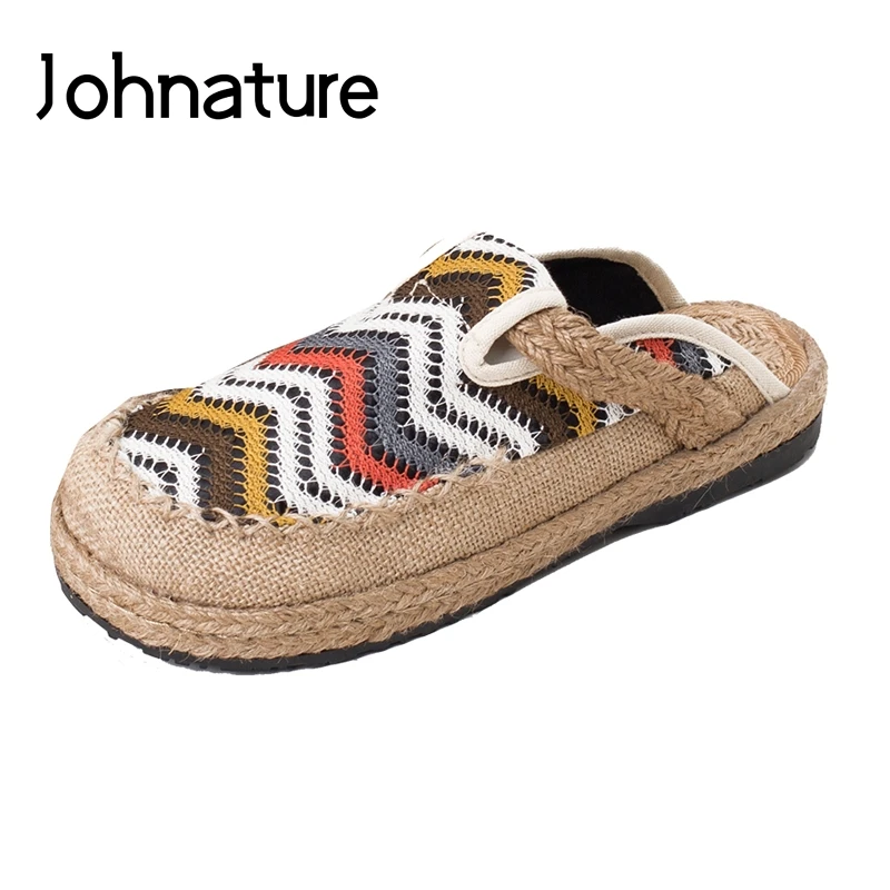 

Женские сандалии ручной работы Johnature, уличные шлепанцы на плоской подошве, с геометрическим рисунком, сланцы, из хлопка и льна, для осени, 2022