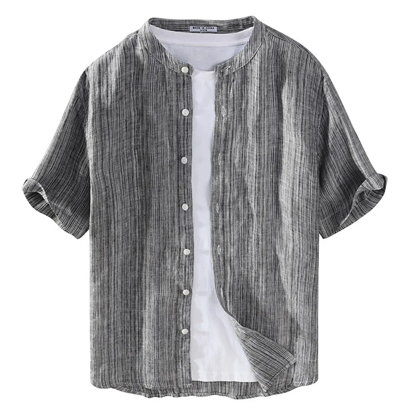 

2021 Men's Spring and Summer New Yarn-Dyed Striped Stand Collar Linen Shirt Youth Casual Short Sleeve Light Shirt