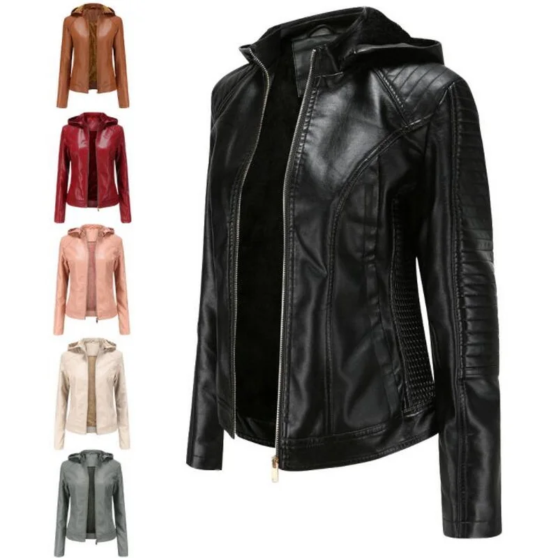 Special Offer Winter PU Leather Jacket Women Velvet Keep Warm Motorcycle Jacket Hooded Collar Fashion Leather Coat Female