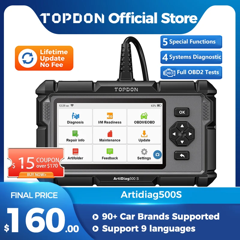 Автомобильный диагностический инструмент Topdon OBD2 сканер все системы ABS подушка