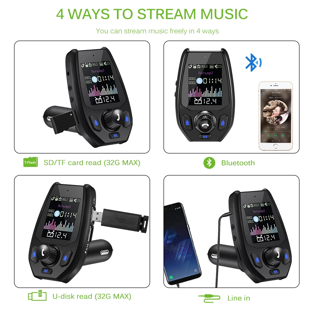 FM-модулятор Bluetooth 5 0 автомобильный комплект громкой связи AUX Play mp3-плеер 2 1 А