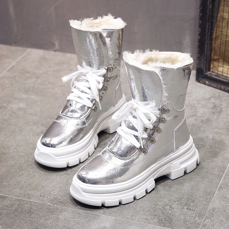 

Women boots flat snow boots female 2020 new fashion silver casual Martin boots winter plus velvet warm thick-soled cotton boots