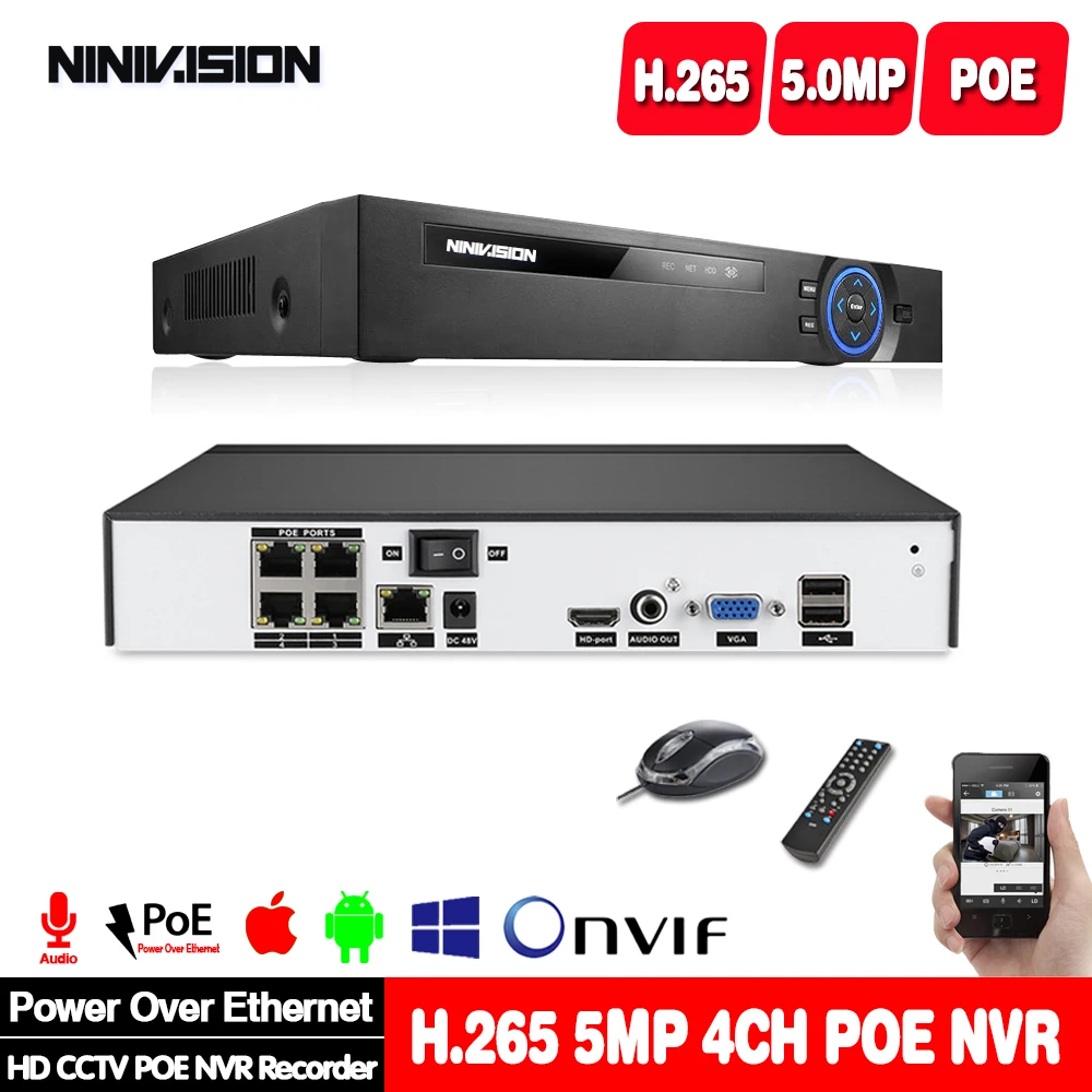 Сетевой видеорегистратор 4CH 8CH 4MP 5MP PoE для системы видеонаблюдения POE IP H.265 48В 802.3af