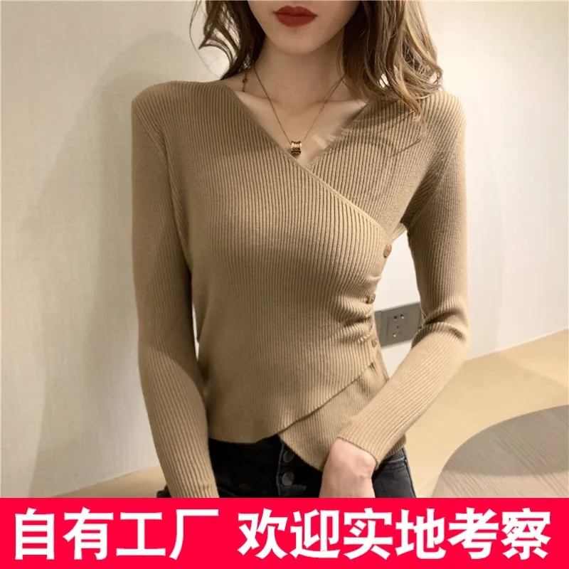

2022 Autumn and Winter New Style V-neck Long-sleeved Short Cross-tight Knitted Sweater Women European and American Fashion