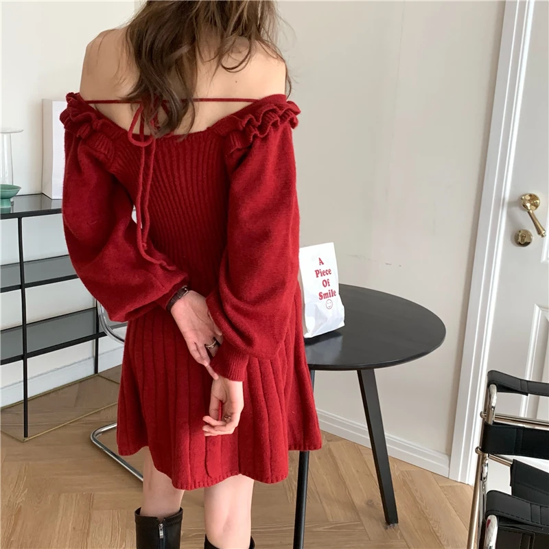 

Whimsical Girl Korean Style Chic Retro Waist-Controlled Slimming New Year Red Woolen Skirt off-Shoulder Dress
