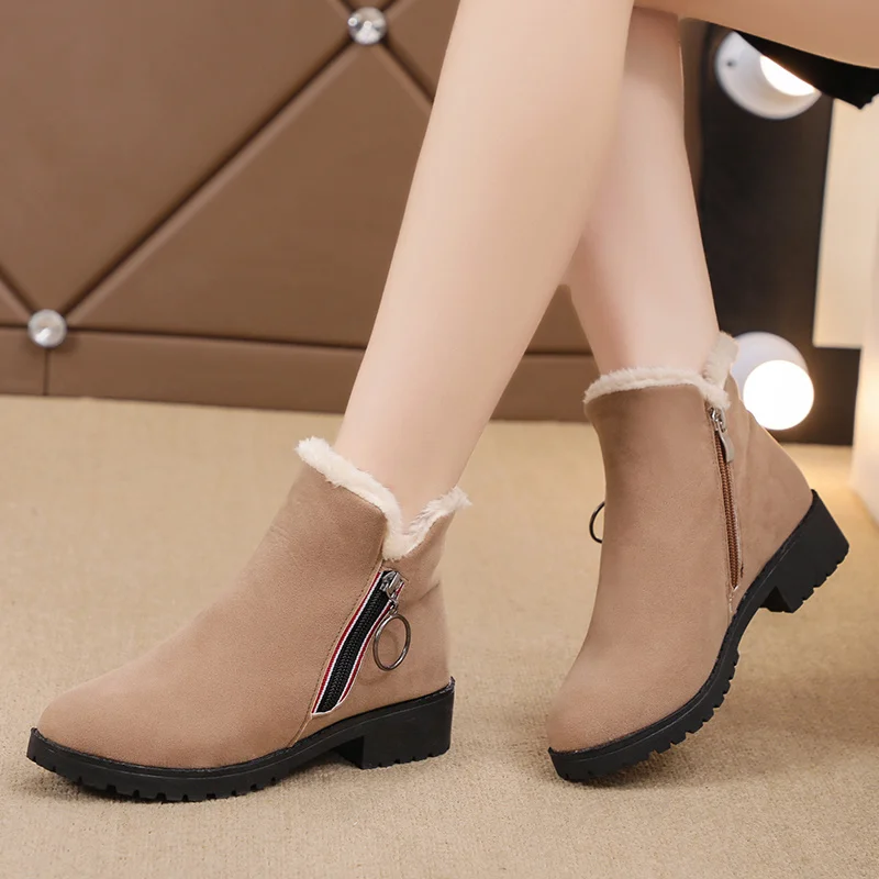 

New women winter Female Fashion Slip On Low Heel Sewing Flock Platform Snow Ankle fur Boots Women's Casual Comfortable Shoes