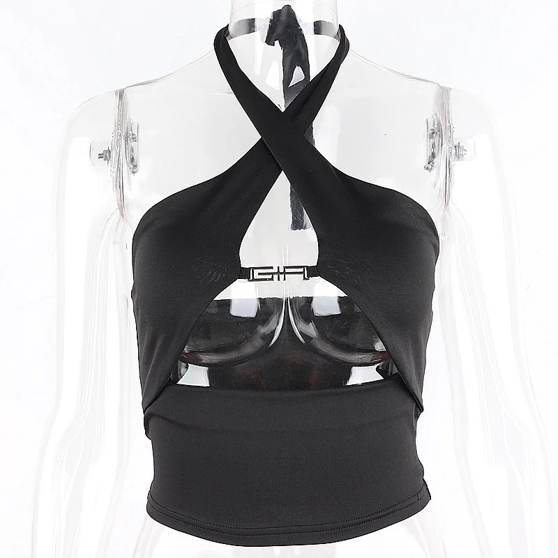 

2021 New Sexy Slim Cut Out Cross Neck Solid Color Vest for Women Butterfly Top Halter Top Tank Top Women Black Corset Top