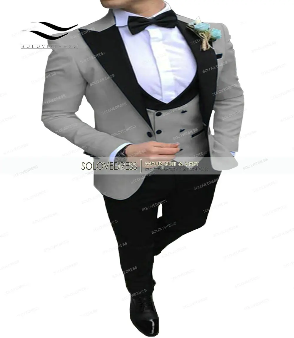 

Solovedress (Blazer+Vest+Pants) Mens Suit 3 Pieces Business Formal Wedding Party Slim Fit Tuxedos Jacket Blue Silver Peak Lapel