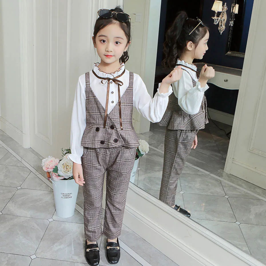 Детская одежда клетчатый жилет брюки и блузки костюмы для девочек вечерние