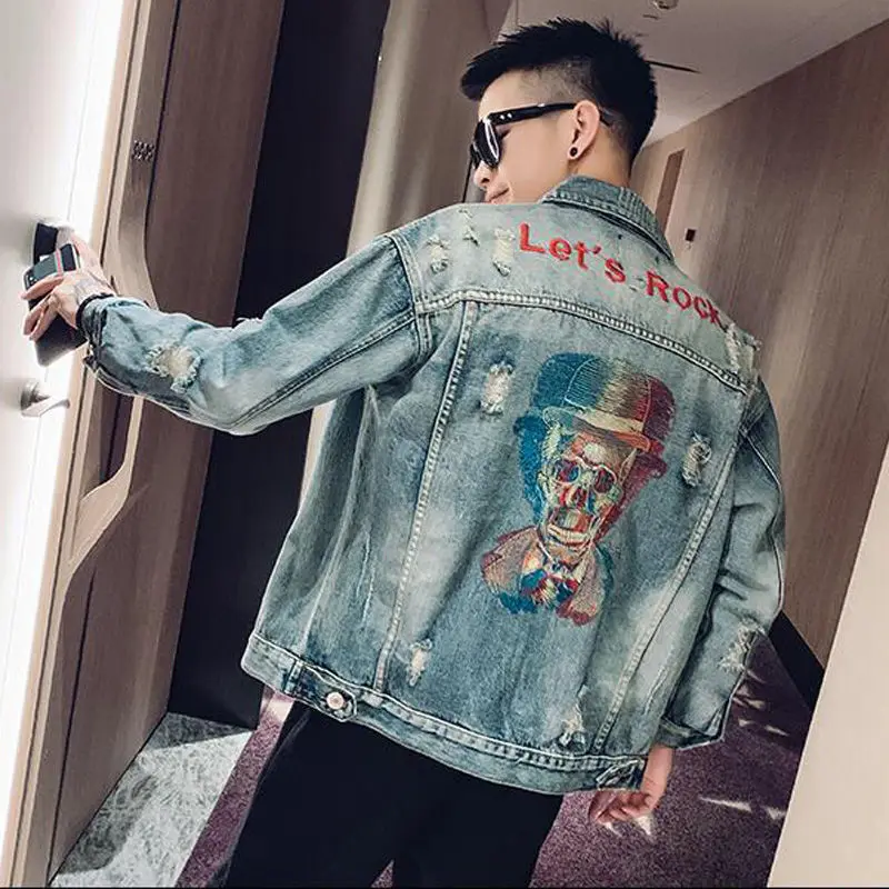 

Wholesale Denim jacket male vibrato embroidery Skull printed street hip hop Korean trend social people spirit guy boys coat