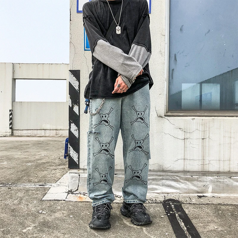 Мужские и женские винтажные прямые джинсы с принтом черепа дырками уличные